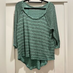 Lightweight Green Striped Knit Top | High Low Hem | Sheer Lightweight Blouse